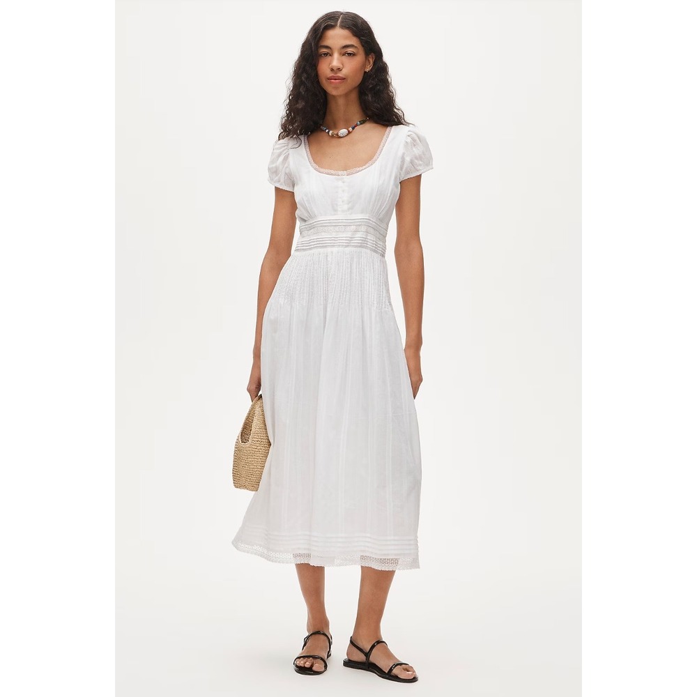 J.Crew | NWT Lace-Trim Pintuck Cotton Dobby Midi Dress White | Sz 8